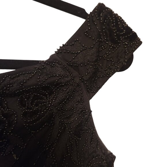 Adrianna Papell Black Off The Shoulder Beaded Floral Evening Dress Size 6 - Picture 5 of 10